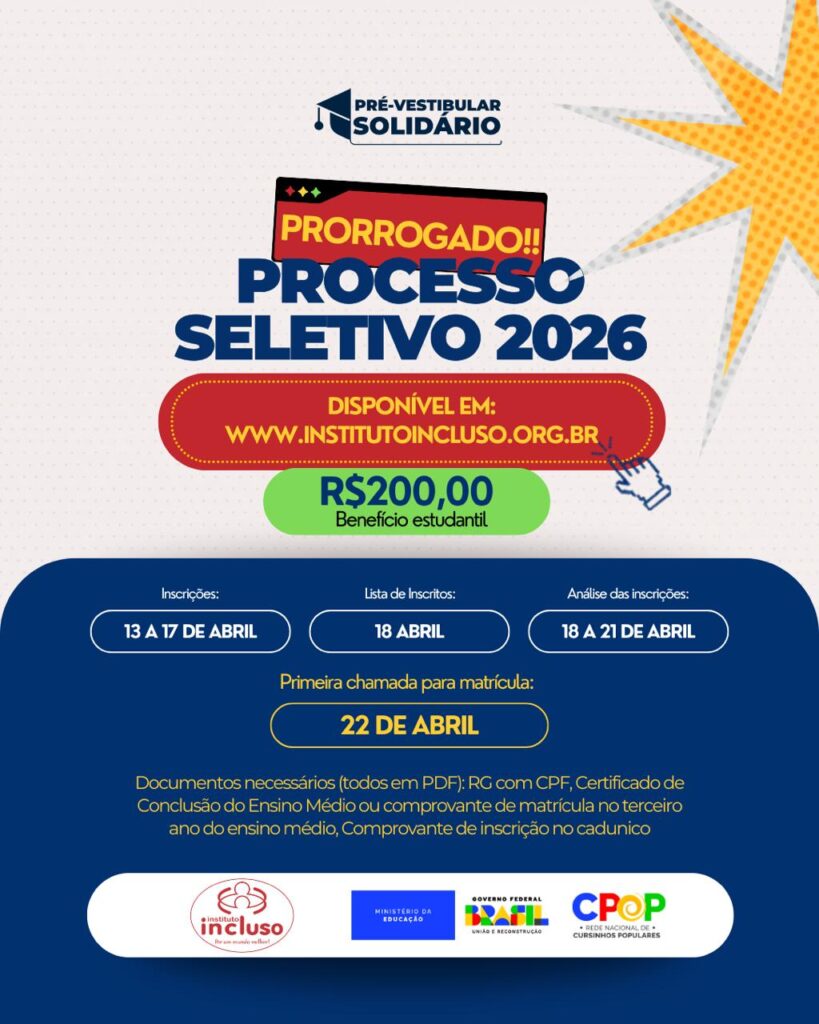 Instituto Incluso prorroga inscrições para o Pré-Vestibular Solidário 2026